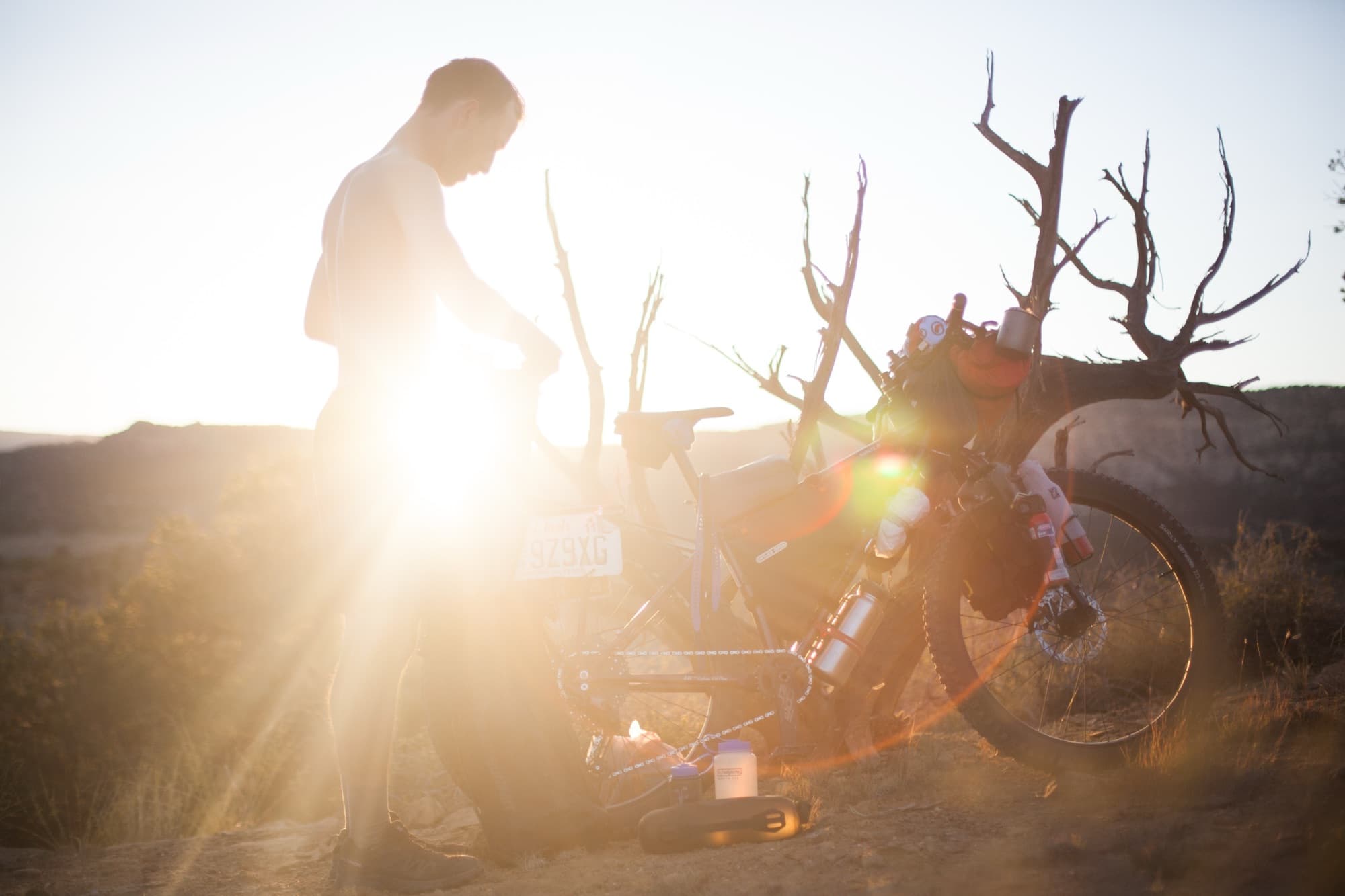 A loaded bike leaning against an antler fence in golden backlight