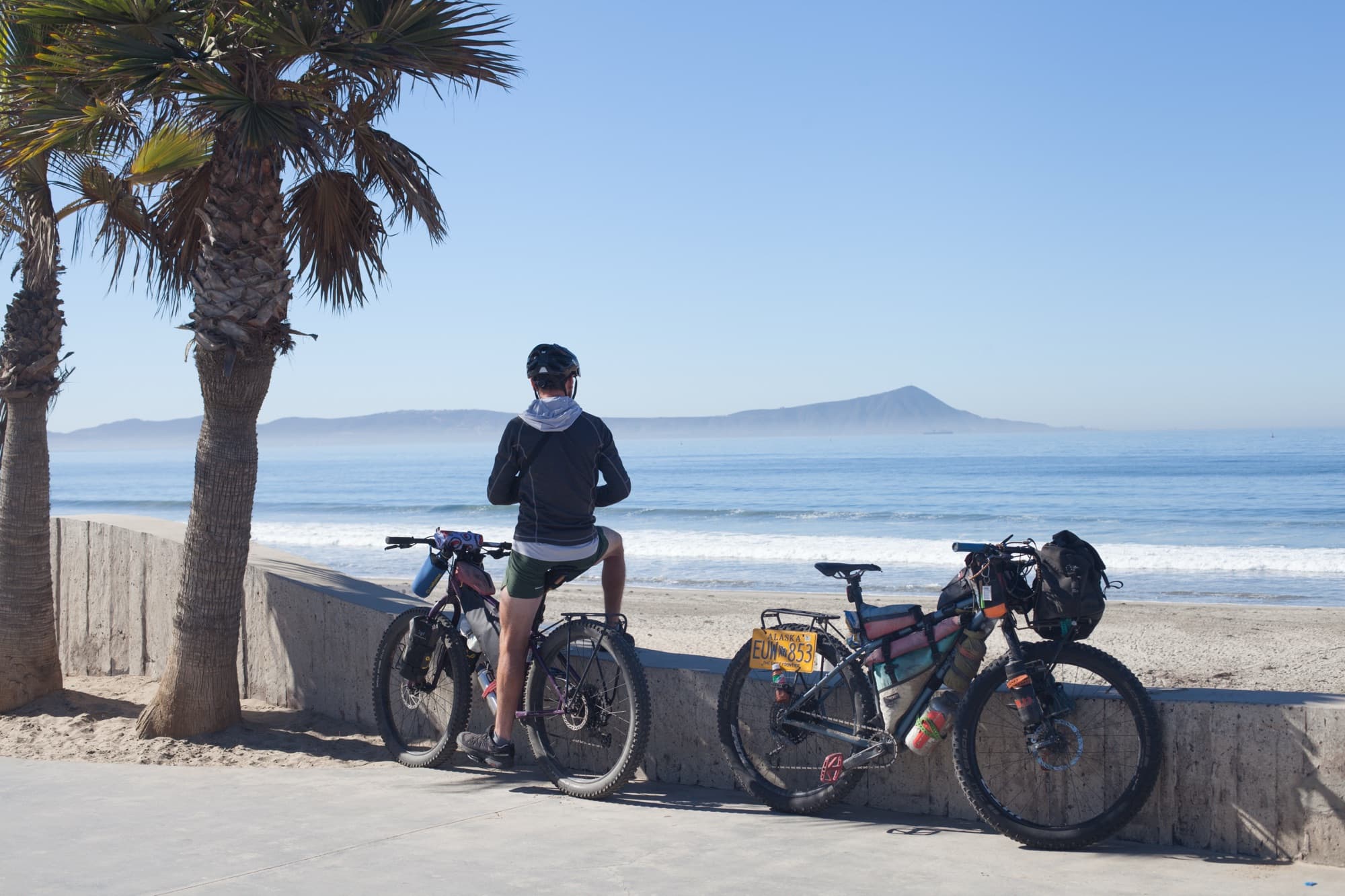 Looking out over the Pacific beside two loaded bikes and palm trees