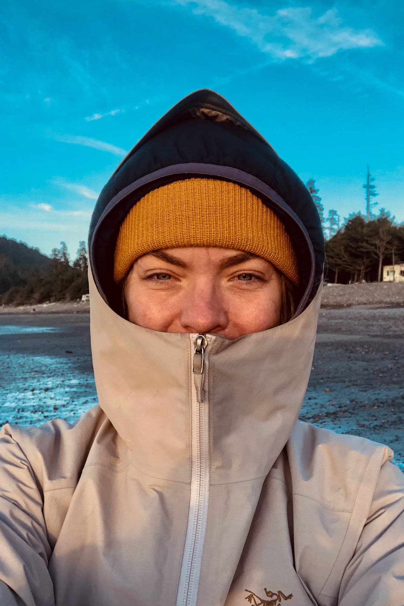 Sarah keeps warm.