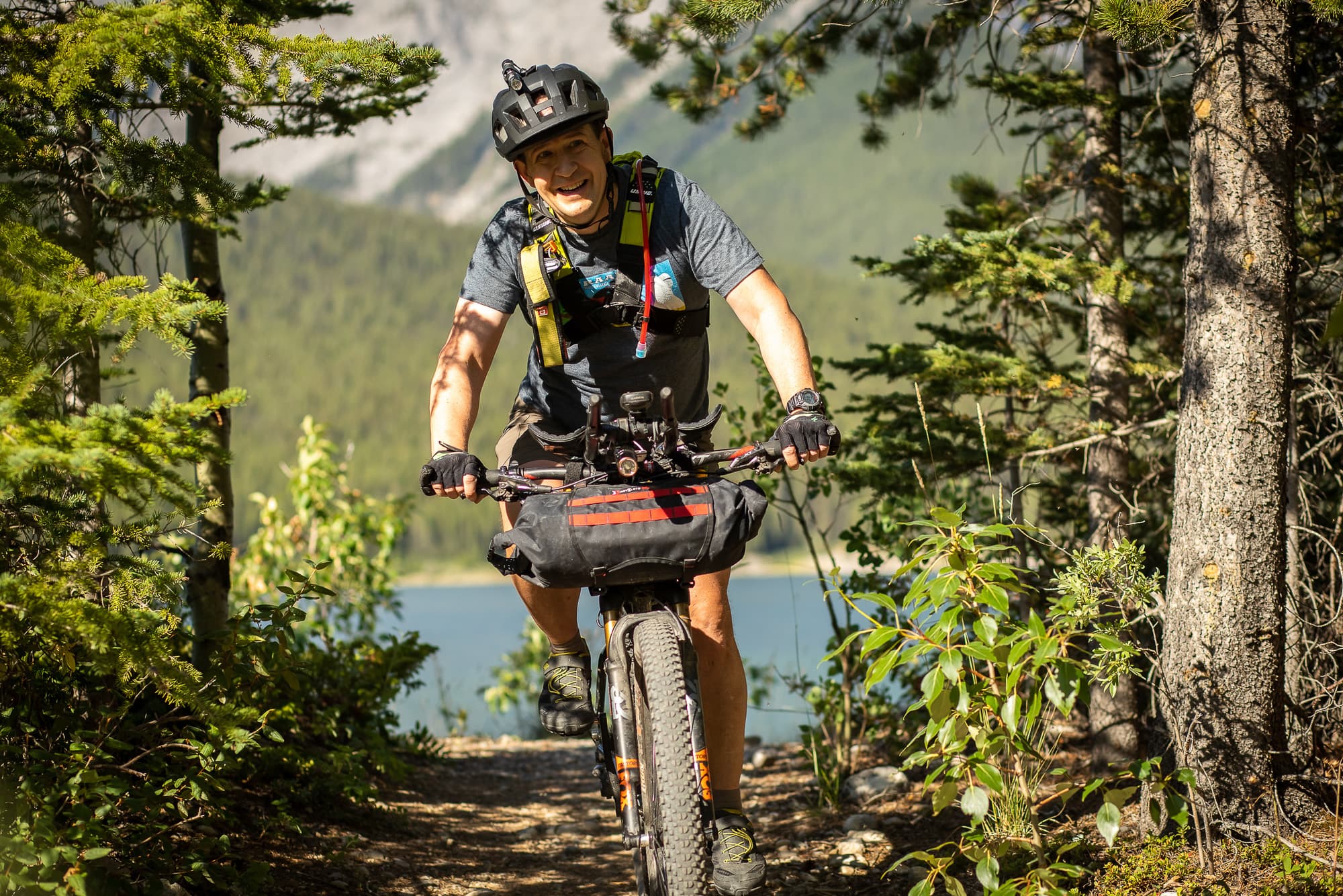 A man bikepack racing.