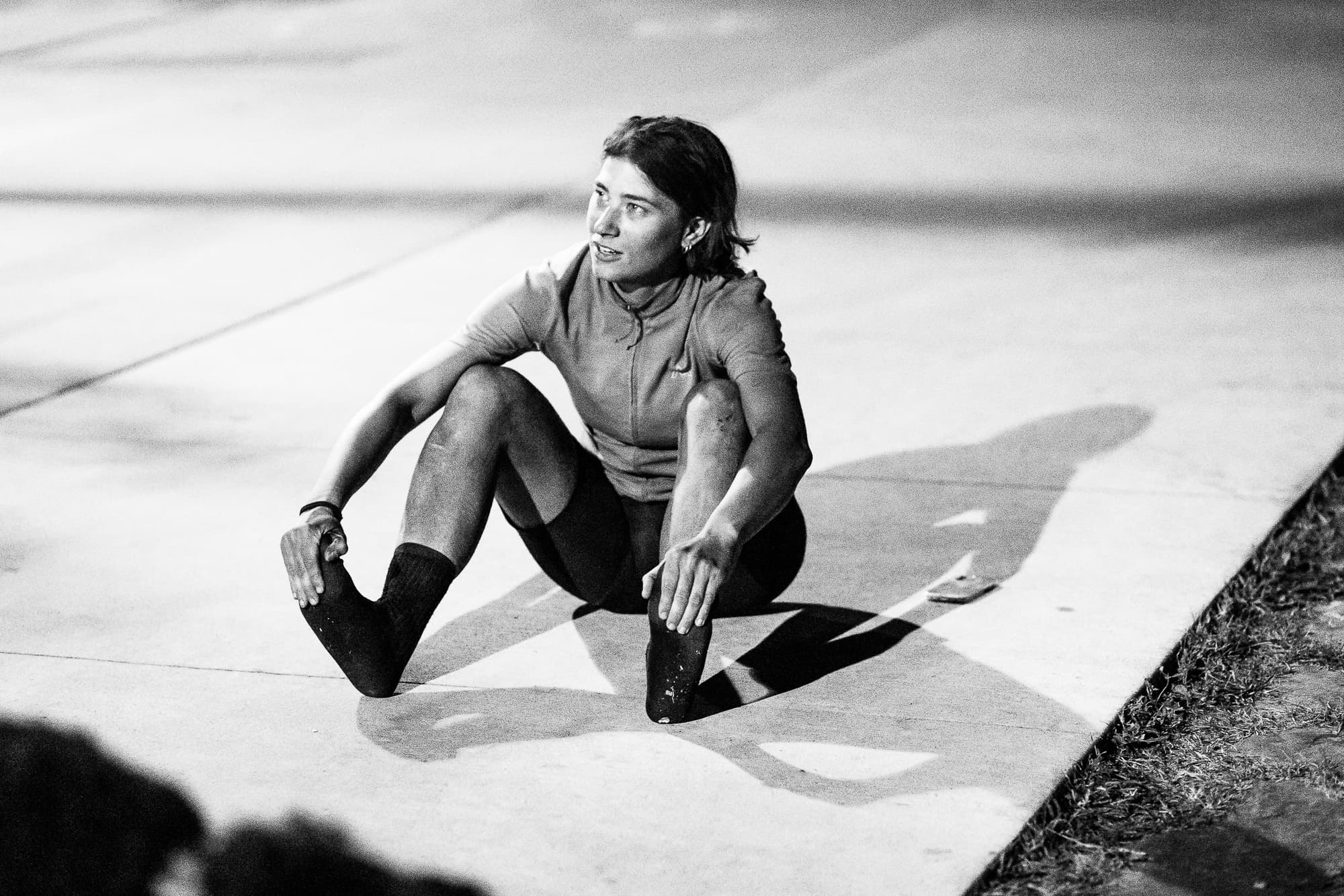 A racer takes a lod off after a hard race.
