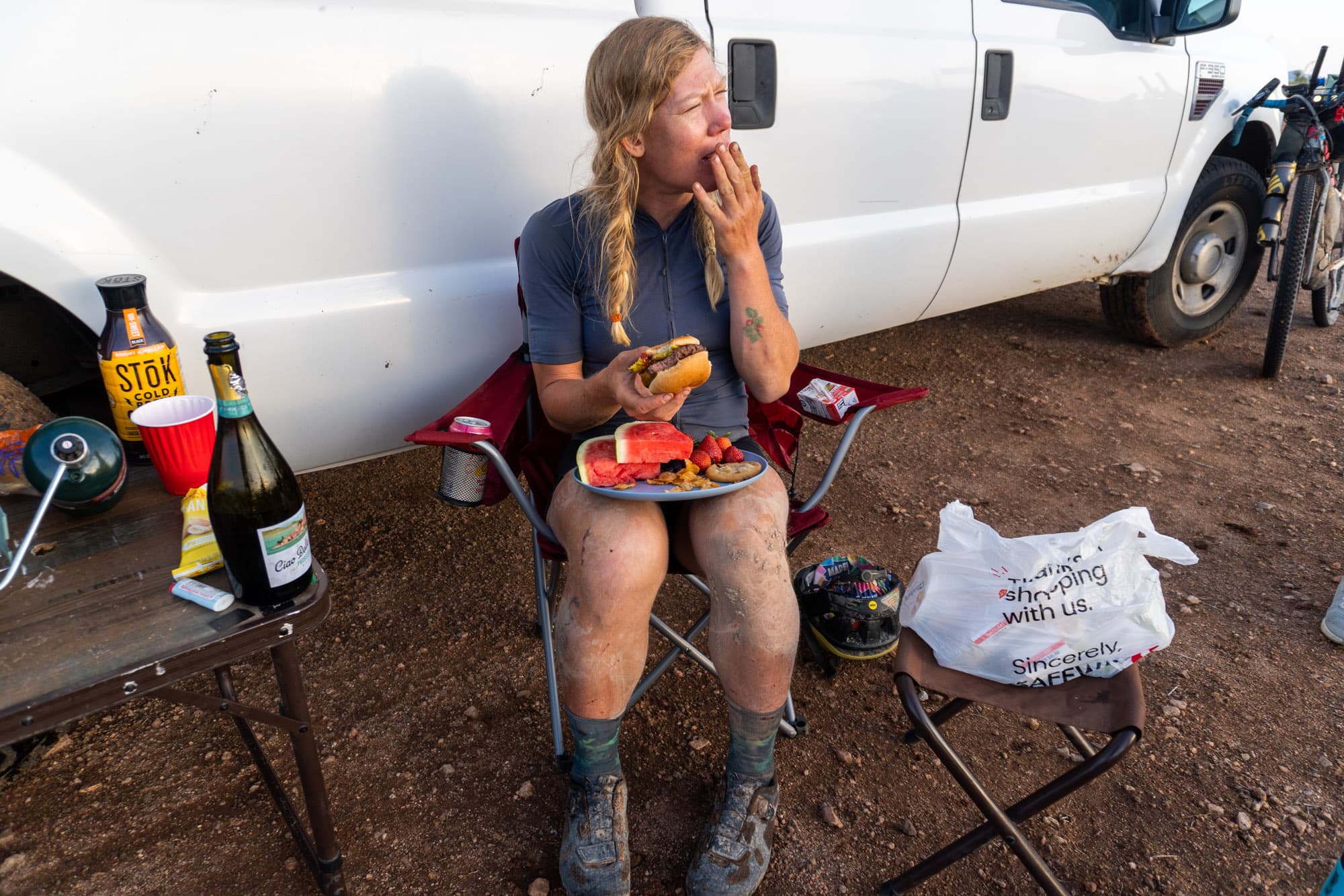 Meaghan refuels in a camp chair after a rough stretch.