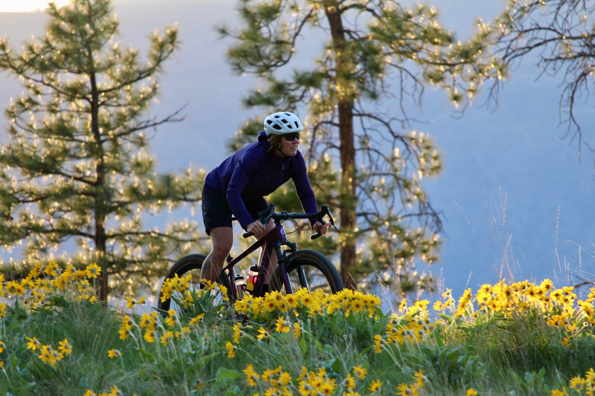 Meaghan rolling through wildflowers and pines.