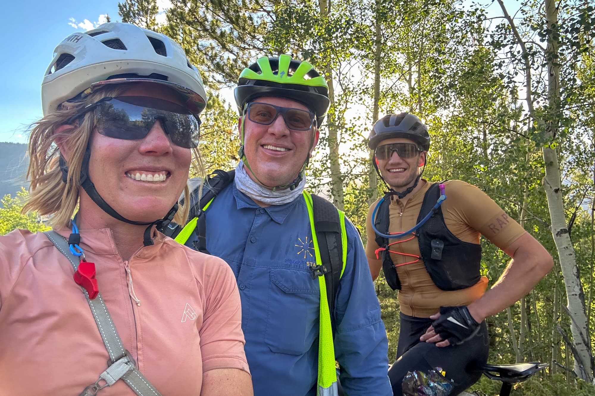 A trailside selfie with fellow riders in the aspens