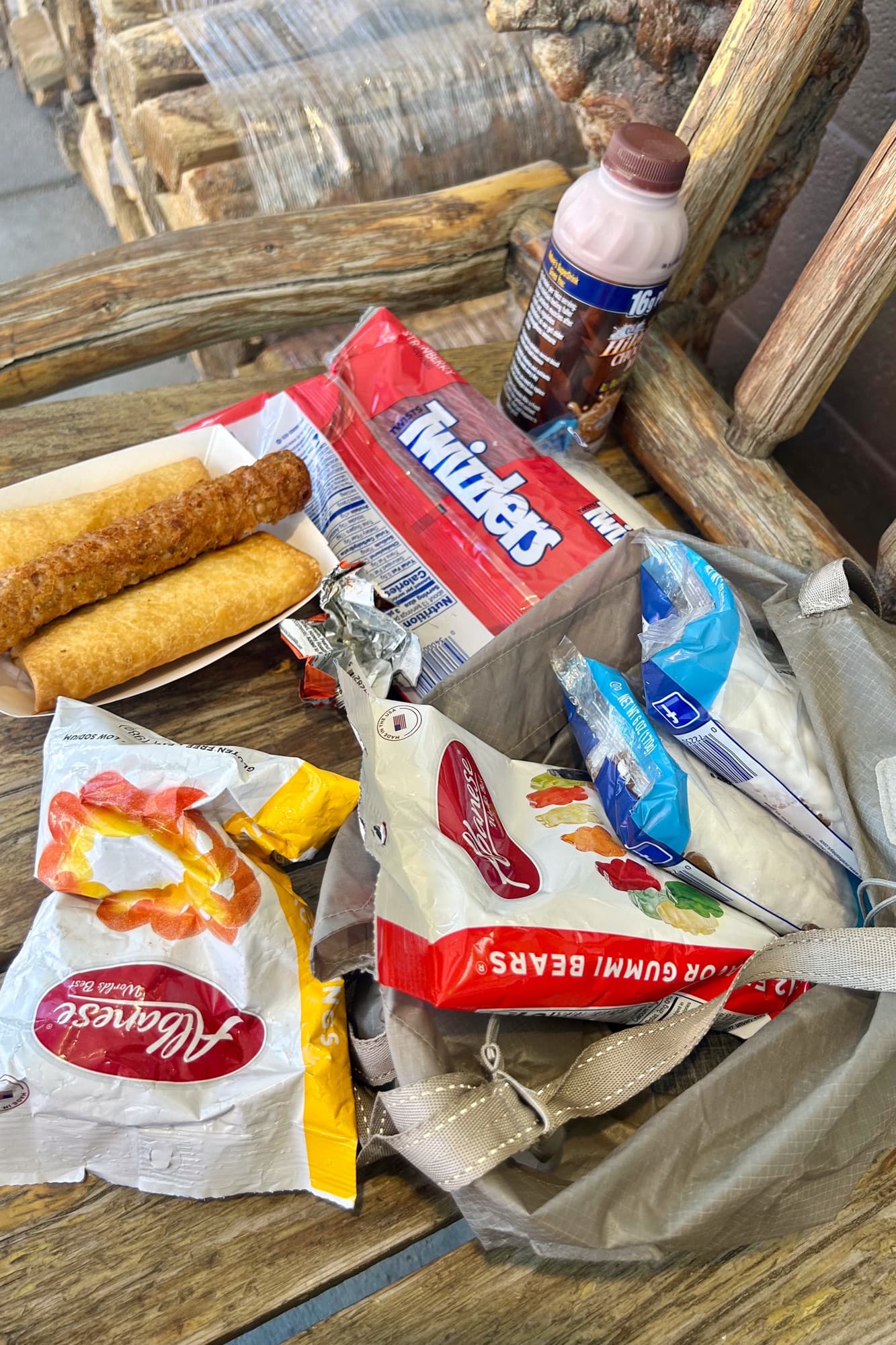 An ultra-racer's food haul: corn dogs, Twinkies, chips, and chocolate milk