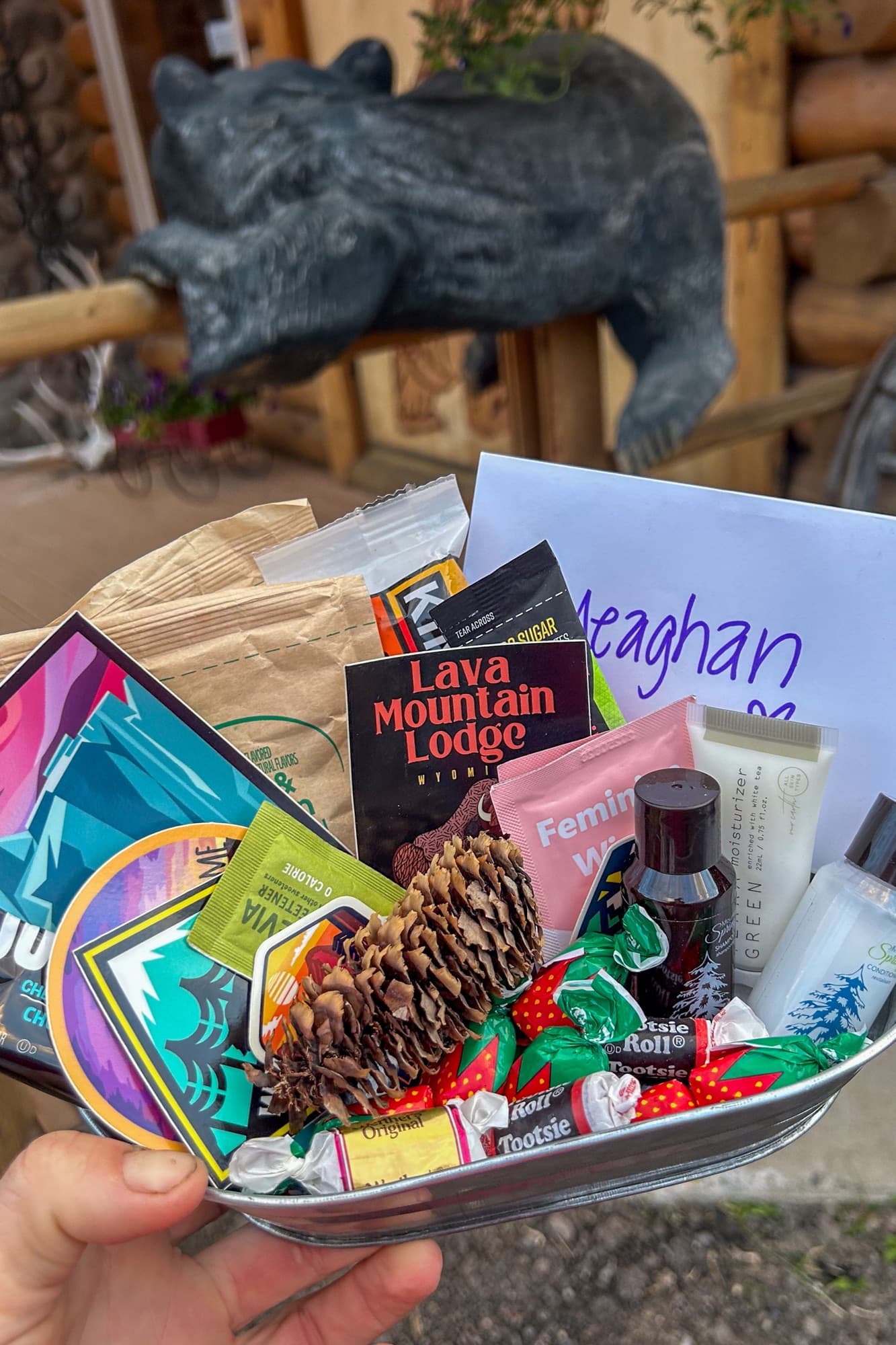 A trail magic gift basket from Lava Mountain Lodge