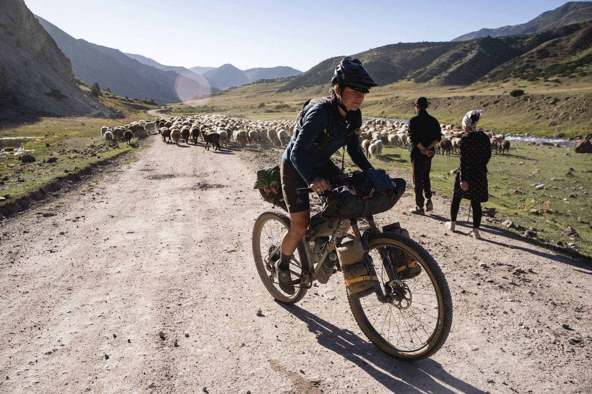 Britt riding a dusty valley road past a flock of sheep and two herders.