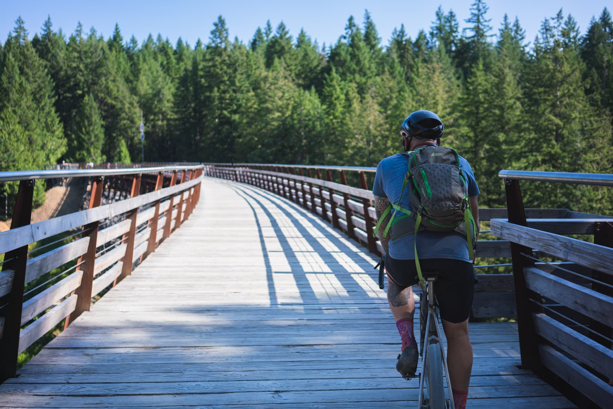 Keith rides the trestle.